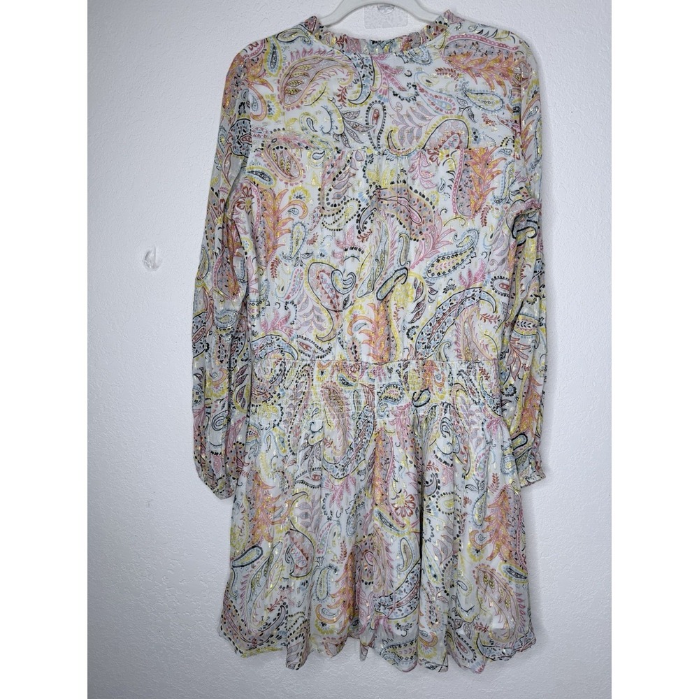 Boston Proper Smocked Mini Dress M Paisley Bell Sleeves Shimmer Fairy Peasant - Picture 5 of 13